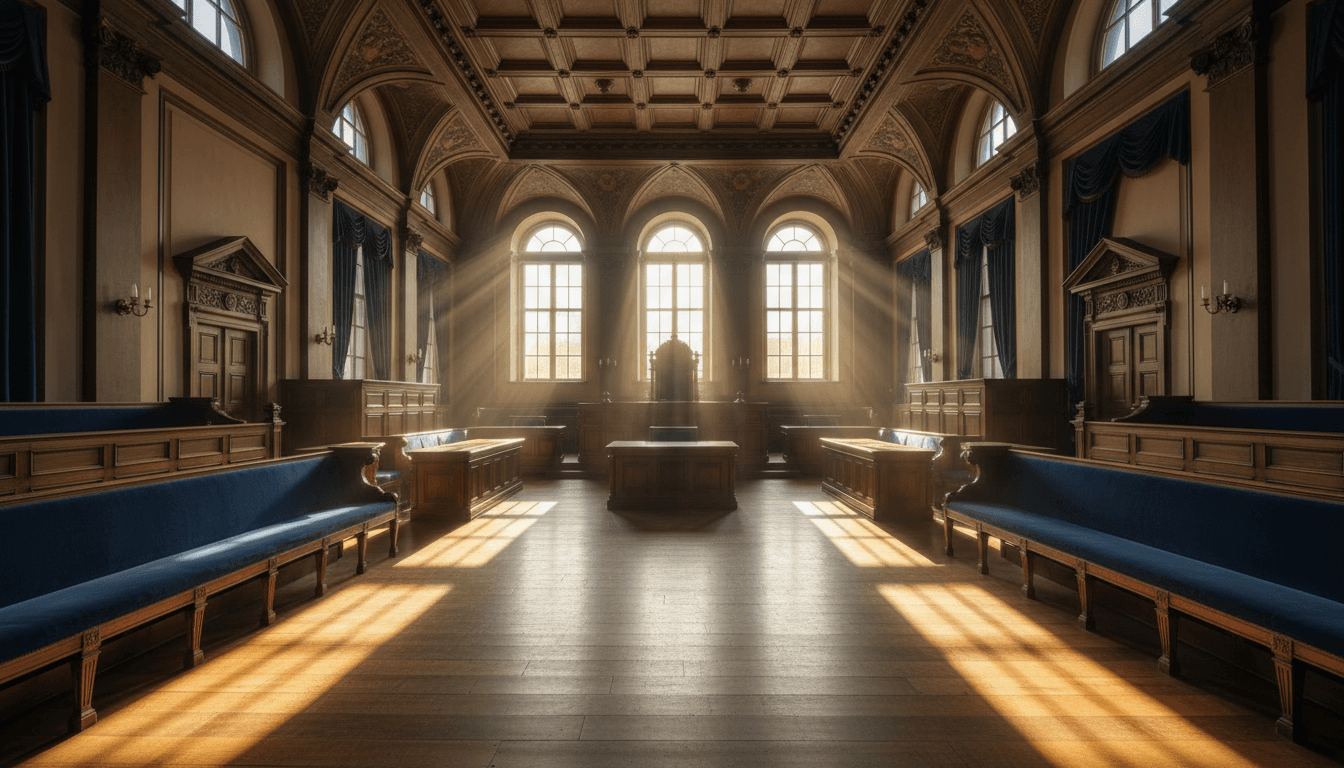 Empty courtroom with sunlight streaming through windows