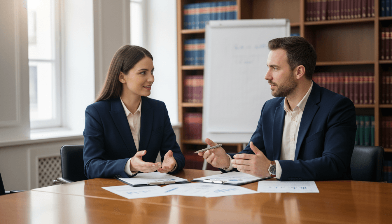 Two legal professionals sitting at a conference table discussing documents