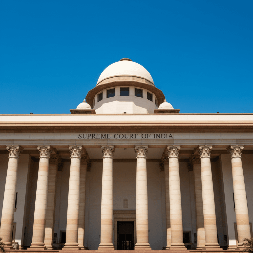 Supreme Court of India building exterior in dramatic midday light
